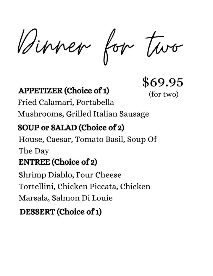 Join us tonight and every Thursday for our dinner for two special!