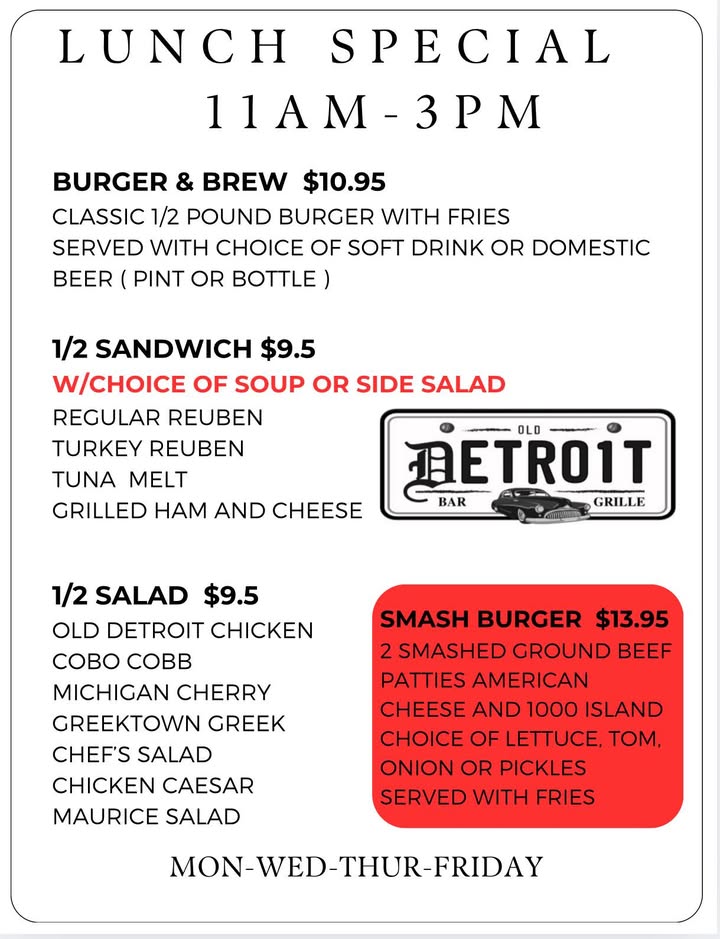 🍔 **Lunch Specials at Old Detroit Bar and Grille!**