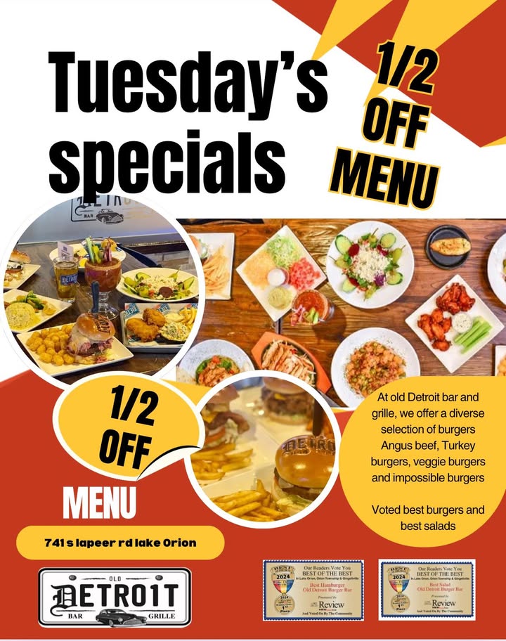 🎉🥳 **Tuesdays Just Got Better: 1/2 Off Menu!** 🥳🎉