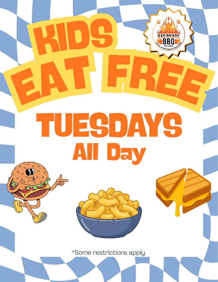 Kids Eat FREE every Tuesday at Bad Brad’s BBQ 🙌🔥